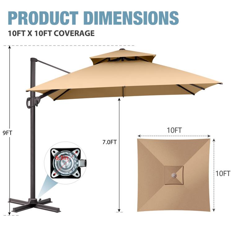 VredHom Double Top 10x10 FT Square Patio Cantilever Umbrella with Cross Stand