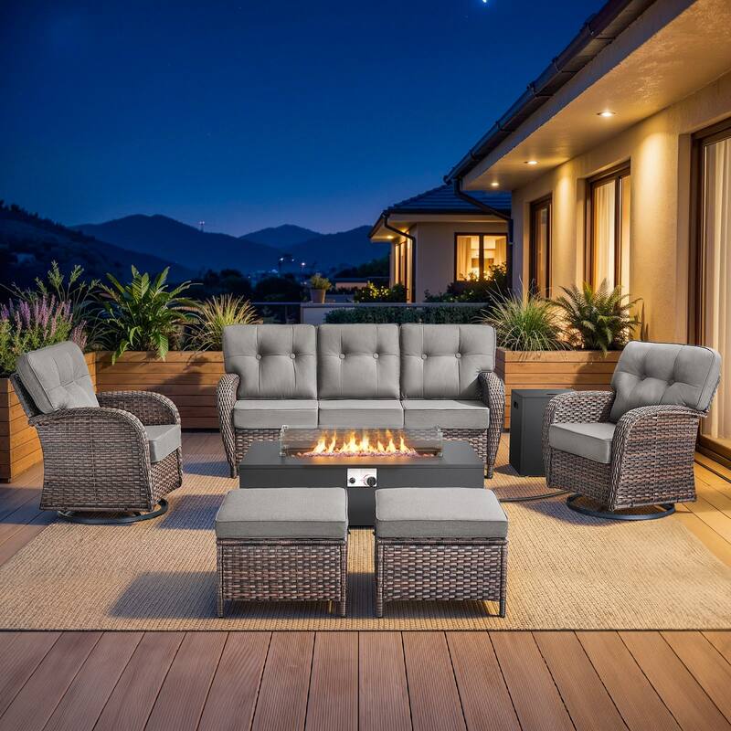 Pocassy 43 In Fire Pit w/ Outdoor Sofa Swivel Chair Ottoman Set - Brown Wicker Gray Cushion - 6PCS Fire Table w/ T-Sofa Swivel Chair Ottoman