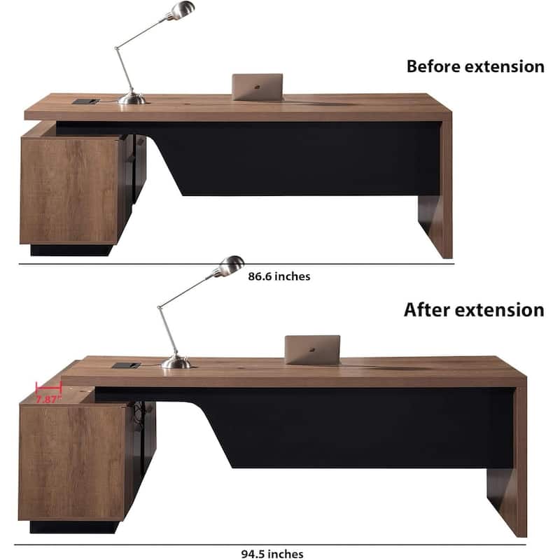 WESOME Retractable L-Shaped Executive Desk with Cable Management Drawers and Lateral File Cabinet