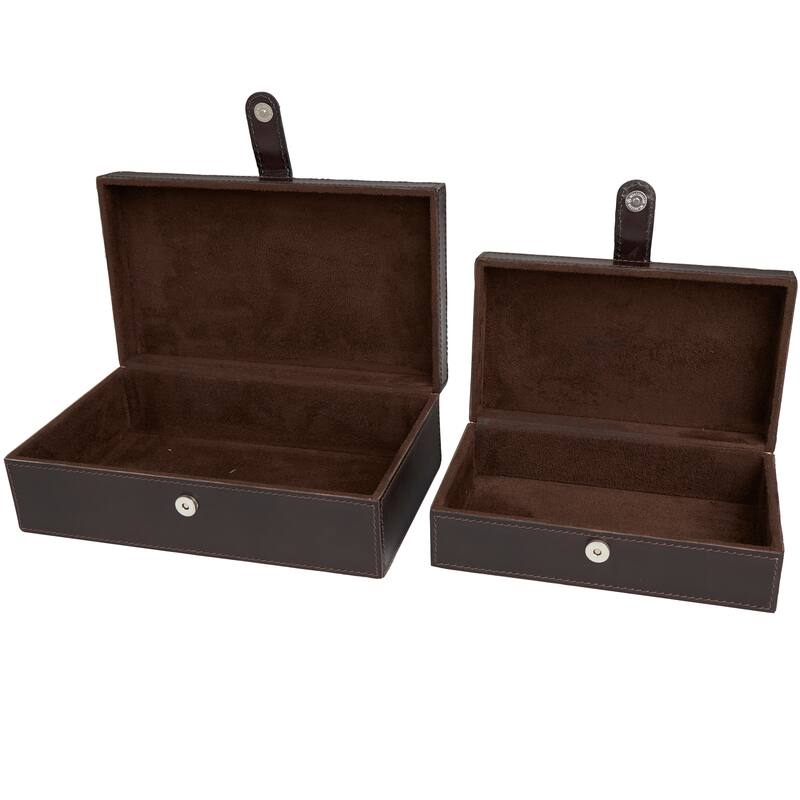 Dark Brown Leather Storage Box with Snap Front Closure and Detailed Stitching (Set of 2)