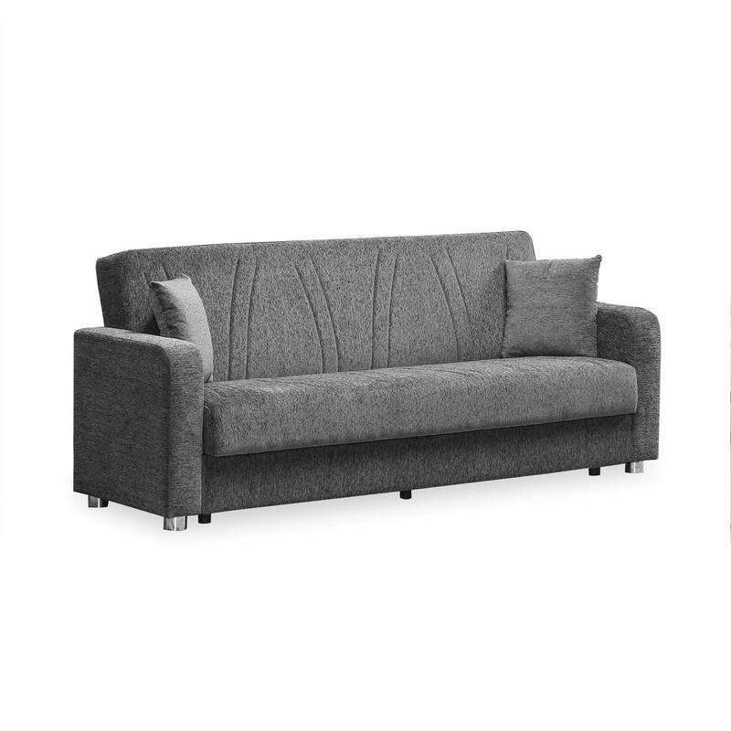 HomeRoots 87" Gray Chenille Convertible Futon Sleeper Sofa And Toss Pillows With Storage