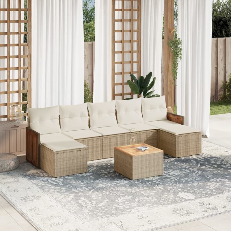 vidaXL Patio Sofa Set with Cushions Outdoor Conversation Furniture Poly Rattan - Beige and Cream-With table - 111.4 x 24.4 x 33.5