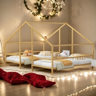 Metal Double Twin House Beds with Built-in Table, Gold