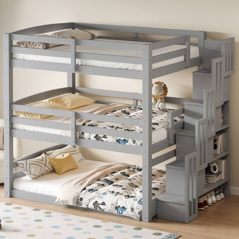 Full Size Triple Bunk Bed with Storage Staircase, Separate Design for Multiple Sleepers - Grey - Full