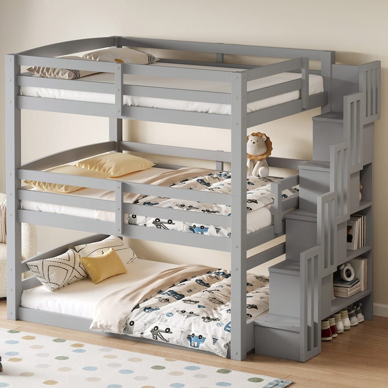 Separate Design Triple Bunk Bed with Storage Staircase, Converts to Bunk Bed and Platform Bed - Grey - Full