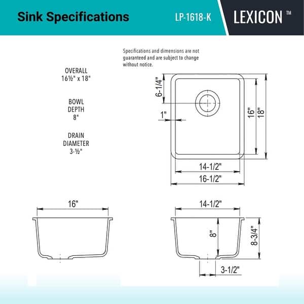 dimension image slide 3 of 4, 16" x 18" Quartz Single Bowl Sink Drop-In/Undermount Granite Composite - 16"x18"