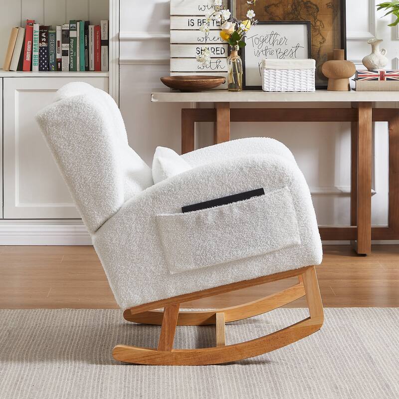 Modern Accent High Backrest Living Room Lounge Arm Rocking Chair, Two Side Pocket