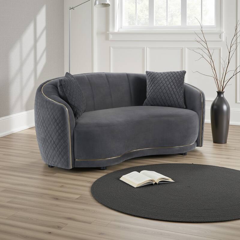 Buo Curved Loveseat, 73 Inch Dark Gray Polyester, Gold Trim, 2 Pillows