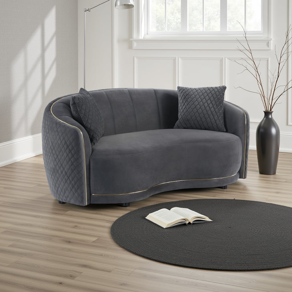 Buo Curved Loveseat, 73 Inch Dark Gray Polyester, Gold Trim, 2 Pillows