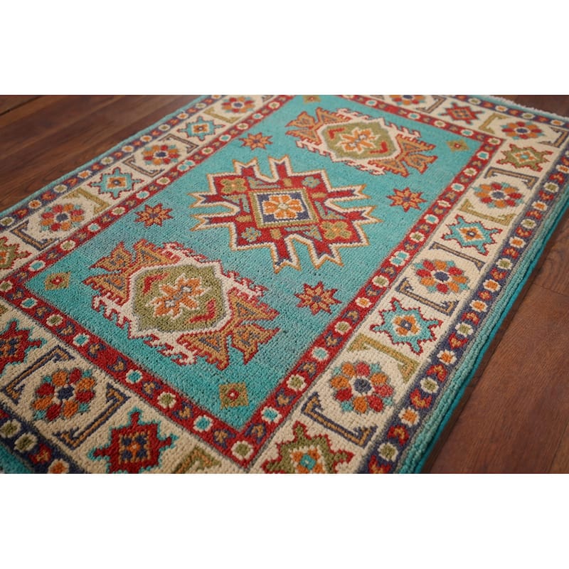 Turquoise Kazak Foyer Rug Hand-Knotted Wool Carpet - 2'0" x 3'0"