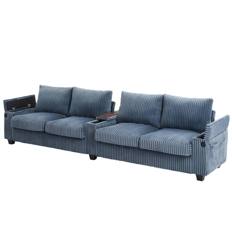 133-In Corduroy Sectional Sofa with USB Ports, Hidden Storage Arms, Flip-Top Cup Holders
