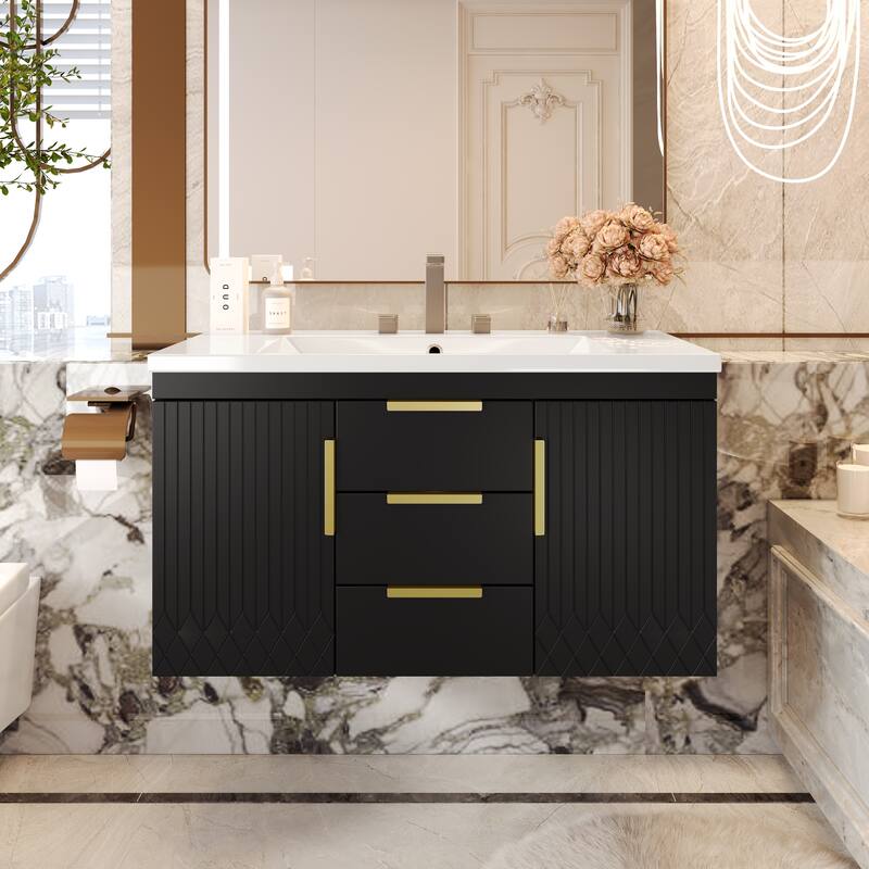 GDFStudio - Caldora Modern Wall-Mounted Bathroom Vanity with 2 Storage Drawers and Resin Sink - 36'W - Black