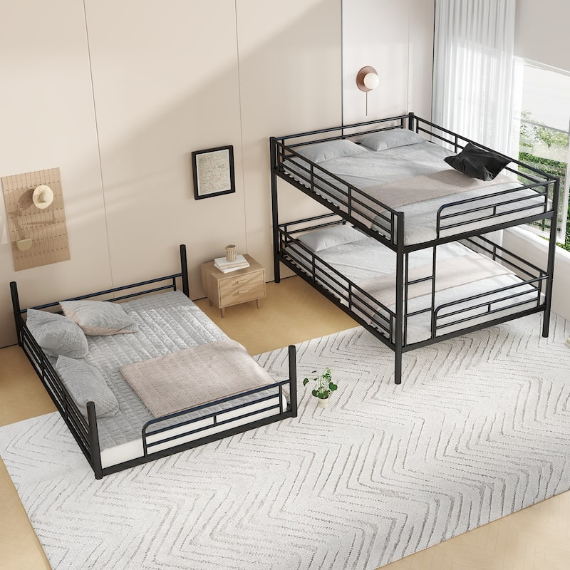 Queen over Queen over Queen Bunk Bed, Metal Triple Bunk Bed with Safety Guardrails, Bunk Bed with Noise-reduced Design