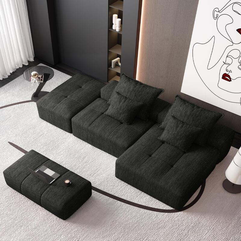 Oversized Modular Chenille Sectional Sofa with Ottoman, Chaise Lounge, 1 Armrest and 4 Pillows for Living Room
