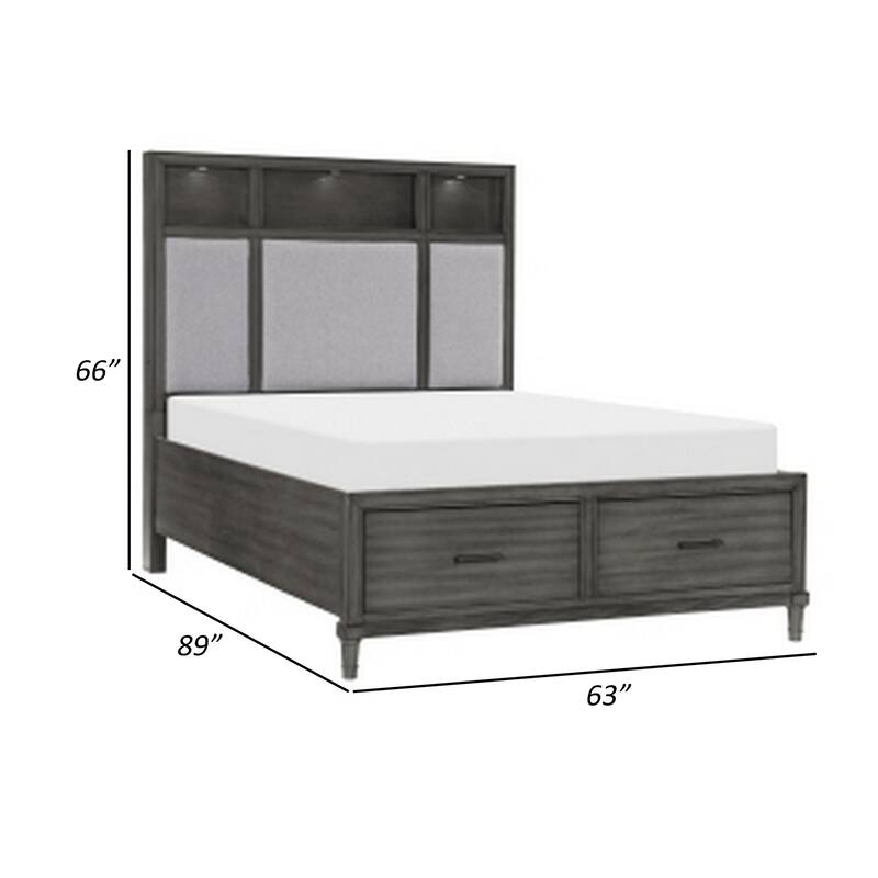 Celia Queen Platform Bed, 2 Drawers, Shelves on Headboard, Pebble Gray