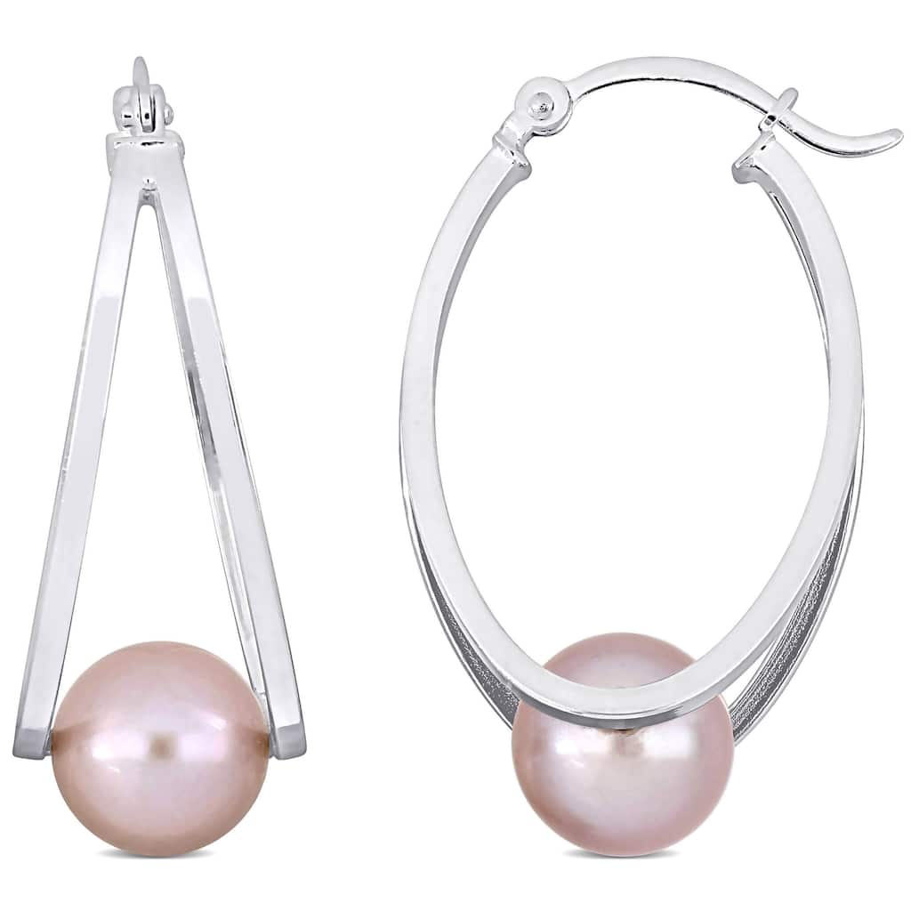 Miadora 8-8.5mm Cultured Freshwater Pink Pearl Hoop Earrings in Sterling Silver
