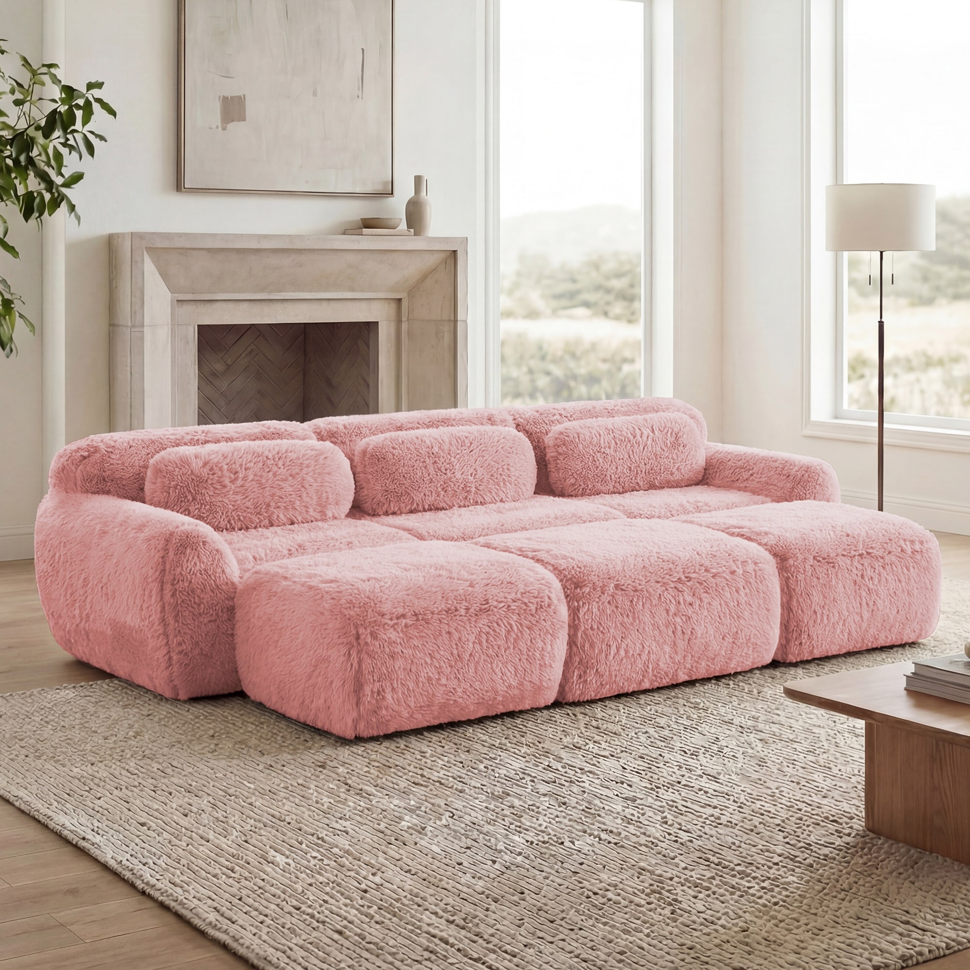 Homy Casa Pink Plush Modular Sectional Sofa Set Soft Cloud Floor