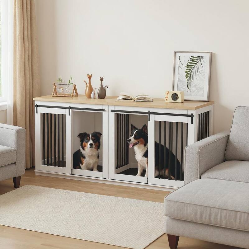 71" Large Dog Crate Furniture, with Divider & 2 Trays - White+Light Oak