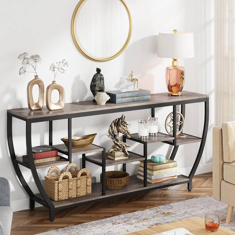 MDF Steel Industrial Console Table with 7 Staggered Shelves - 70.86’’W X 11.81" D X 35.43’’H