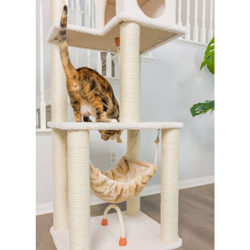 Classic Real Wood Cat Tree In Ivory, Four Levels With Rope Swing - Ivory