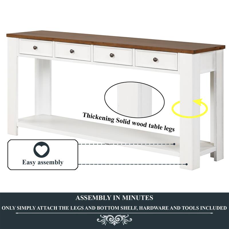 Pine Wood Console Table with 4 Drawers and Bottom Shelf for Entryway Hallway