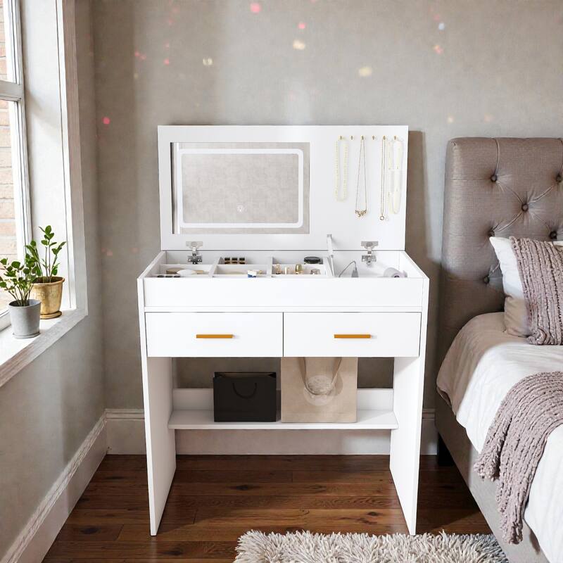 Flip Top Vanity Desk with LED Lighted Mirror and Power Outlet, Makeup Vanity Table with Drawers and Storage
