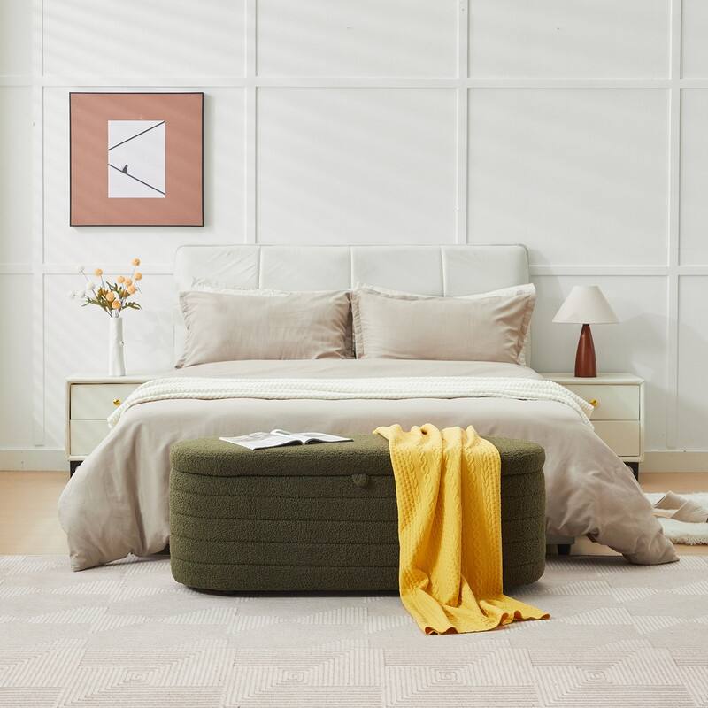 45" White Teddy Storage Ottoman Bench for Living Room Bedroom,Oval Sherpa Storage Bench Ottoman Foot Rest Anti-slip Legs