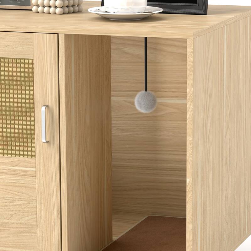 PawHut Cat Litter Box Enclosure with Rattan Door, Hidden Litter Box Furniture Hidden with Scratching Mat, Oak
