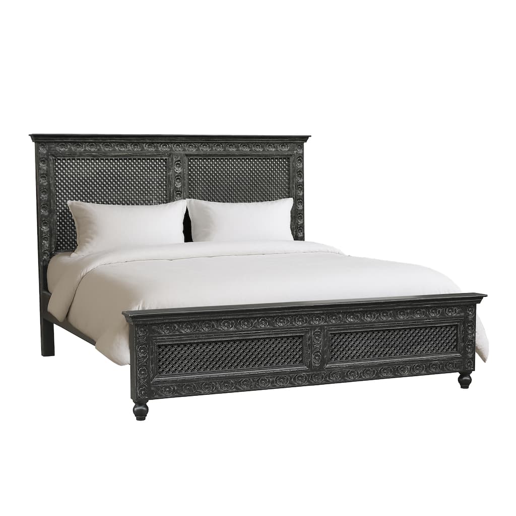 Edmond Hand-Carved Solid Mango Wood King Bed with Floral Cutout Panels