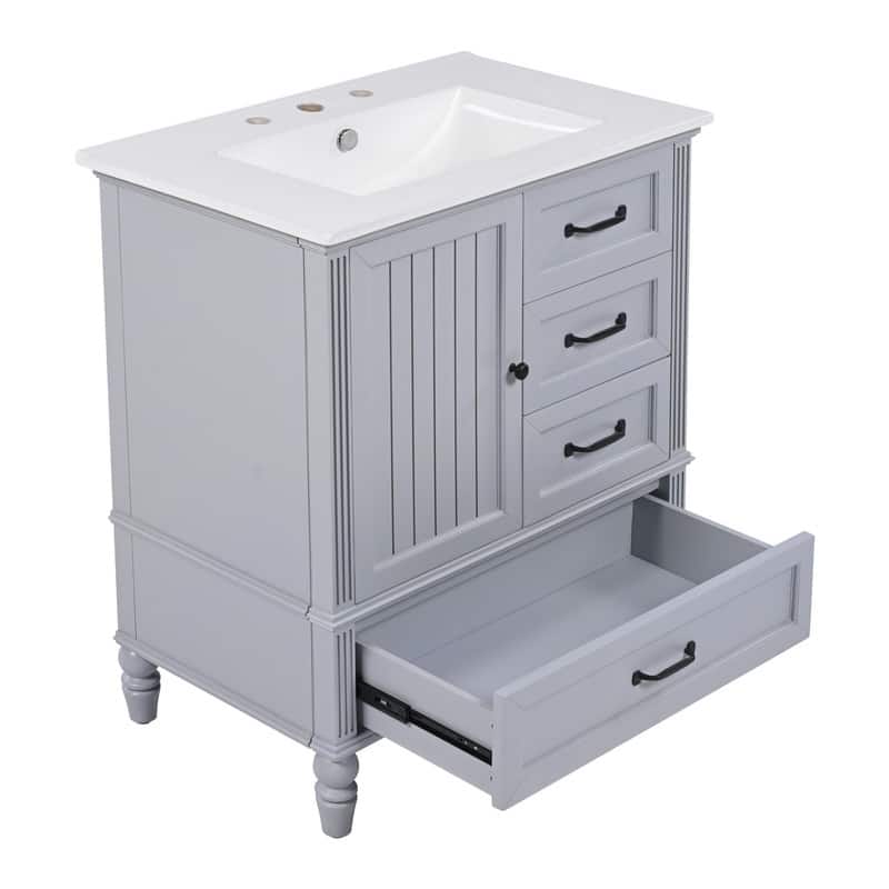 30" Bathroom Vanity with Ceramic Sink Top, Modern Bathroom Storage Cabinet with 1 Door, 3 Drawers and Solid Wood Legs