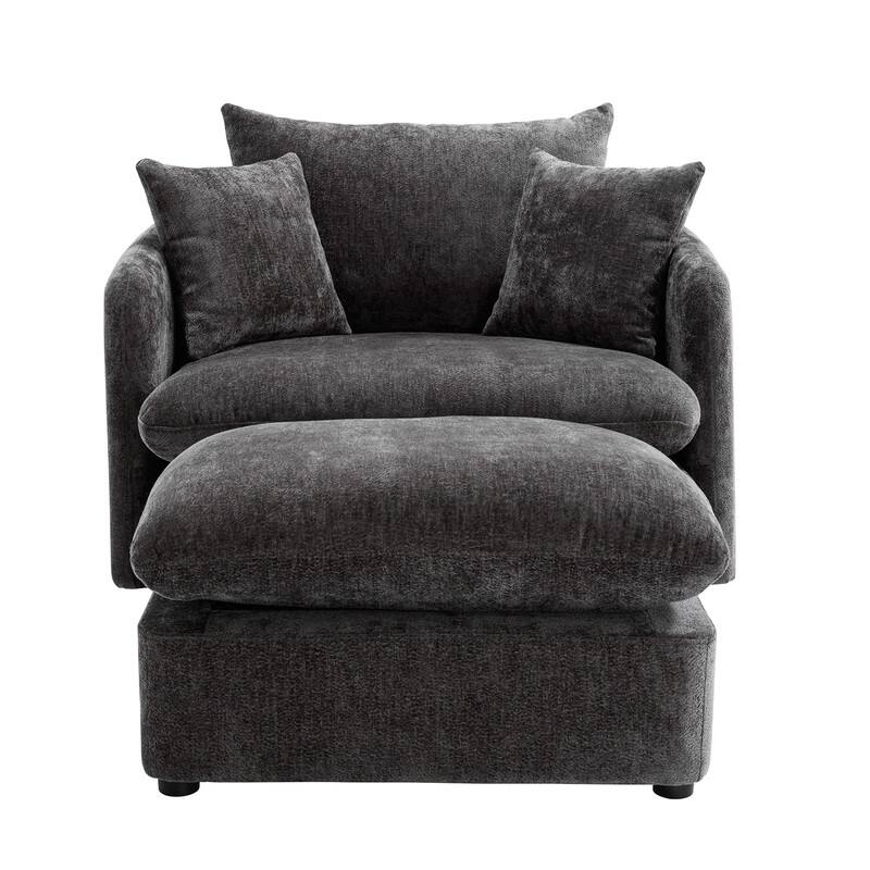 46" Chenille Upholstered Oversized Swivel Armchair With Ottoman