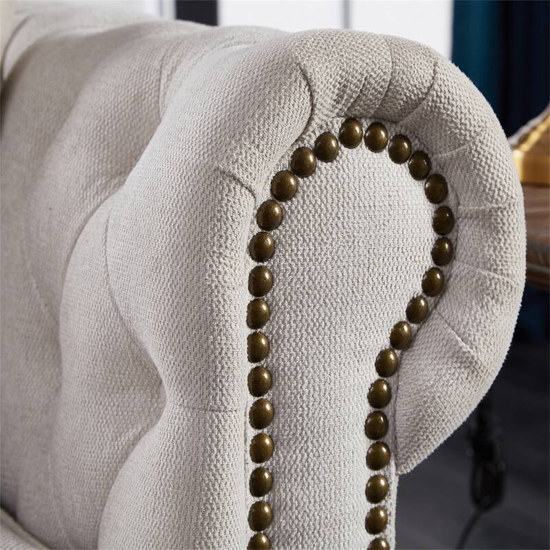 3 Seat Linen Fabric Couch, Solid Wood Chesterfield Round Armrest Sofa