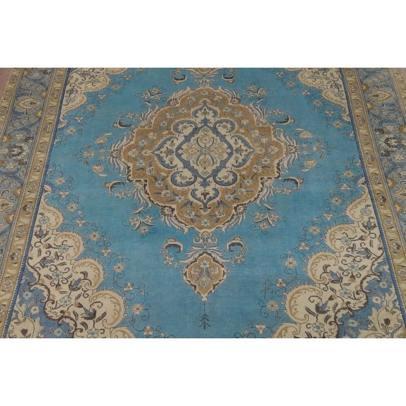 Blue Medallion Tabriz Persian Rug Hand-Knotted Oriental Wool Carpet - 9'6"x 12'8"