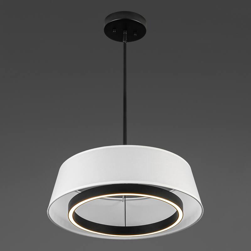 Modern Black Drum Fabric Integrated LED Pendant Light, Cylinder White Kitchen Island Lighting - 18.11 in. Dia. x 5.71 in. H