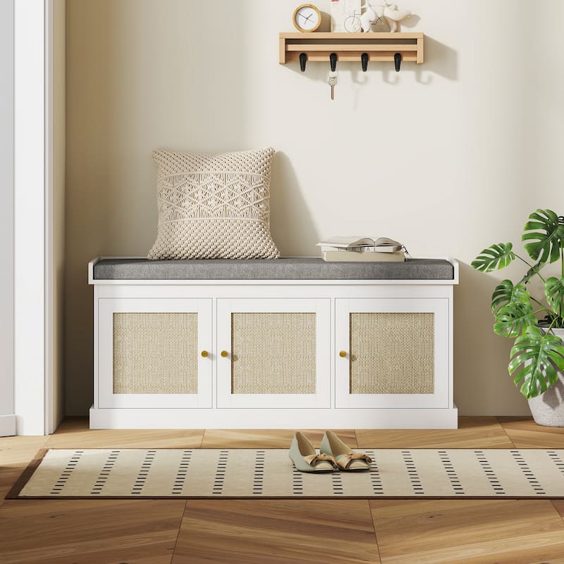 HOMCOM Shoe Bench with Woven Rattan Doors, Shoe Storage Bench with Cushion, Adjustable Shelves, Boho Style Entryway Bench
