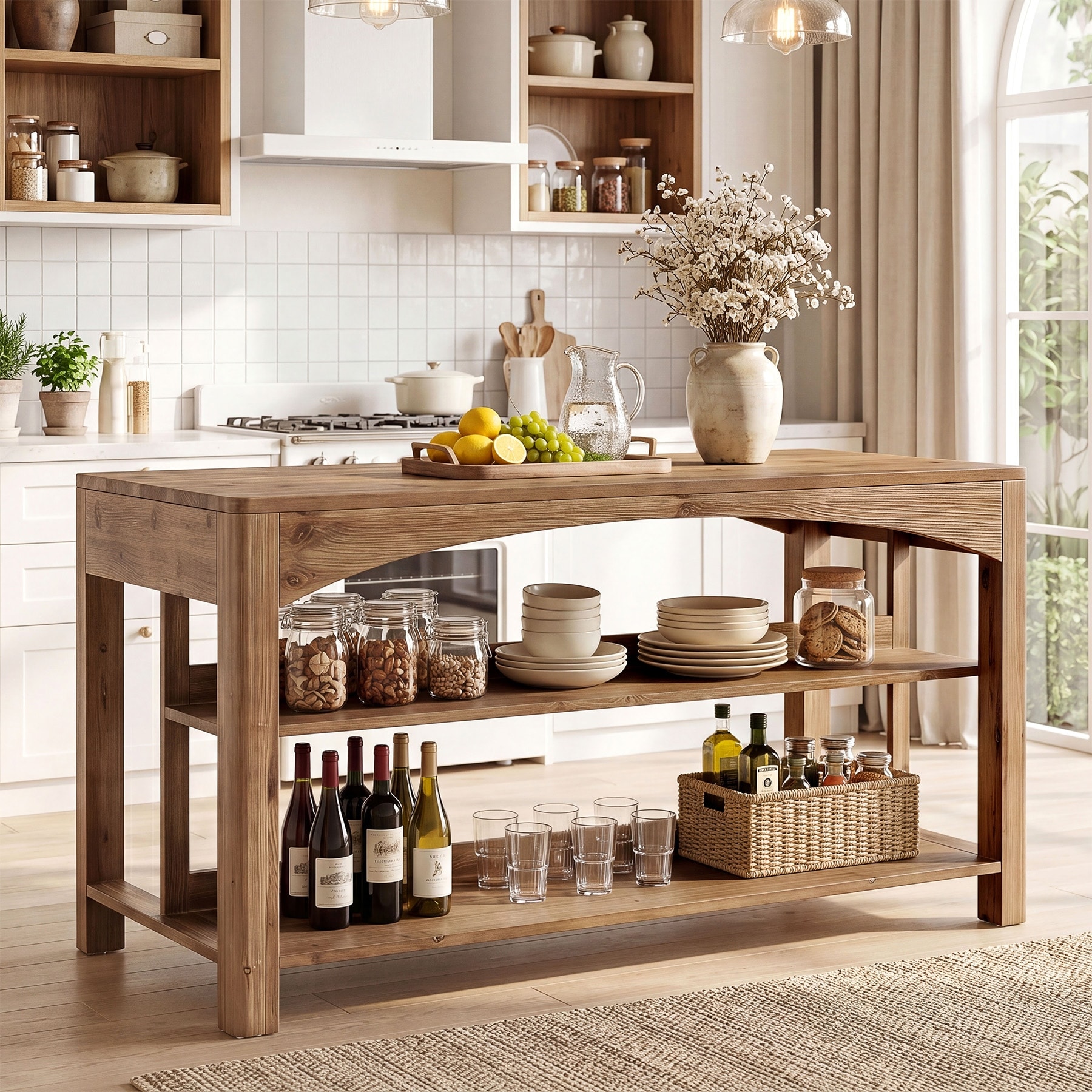 59" Solid Wood Kitchen Island with Seating and Storage, 3-Tier Stationary Island Table - 27.56" D x 59.06" W x 35.42" H