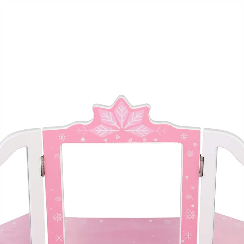 Kids Vanity Table and Stool Set Three-Sided Folding Mirror Single Drawer