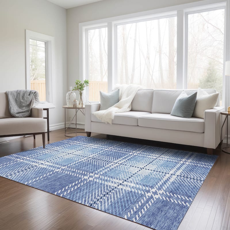 Machine Washable Indoor/ Outdoor Chantille Plaid Cozy Rug