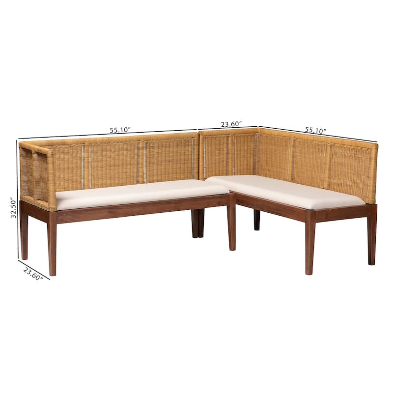 Tabanan Modern Bohemian Nautral Brown Rattan and Brown Acacia Wood 2-Piece Dining Nook Banquette Set