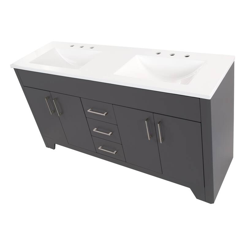 Spring Mill Cabinets Salil 60" Double-Sink Vanity With 2 Cabinets, 3 Drawers, and White Sink Top