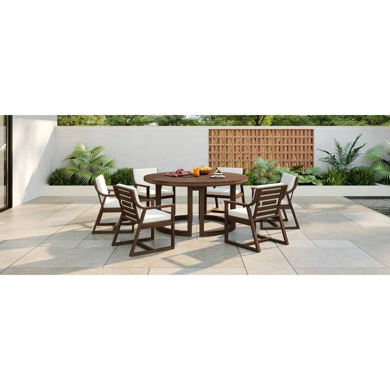 Round Patio Dining Table Set for 6 with Umbrella Hole Durable Acacia Wood Outdoor Furniture