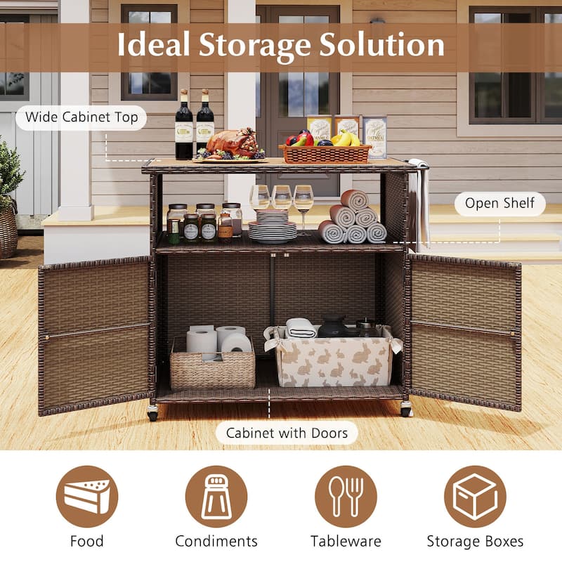 Gymax Outdoor Storage Cabinet w/Acacia Wood Top 2 Doors Buffet Cabinet