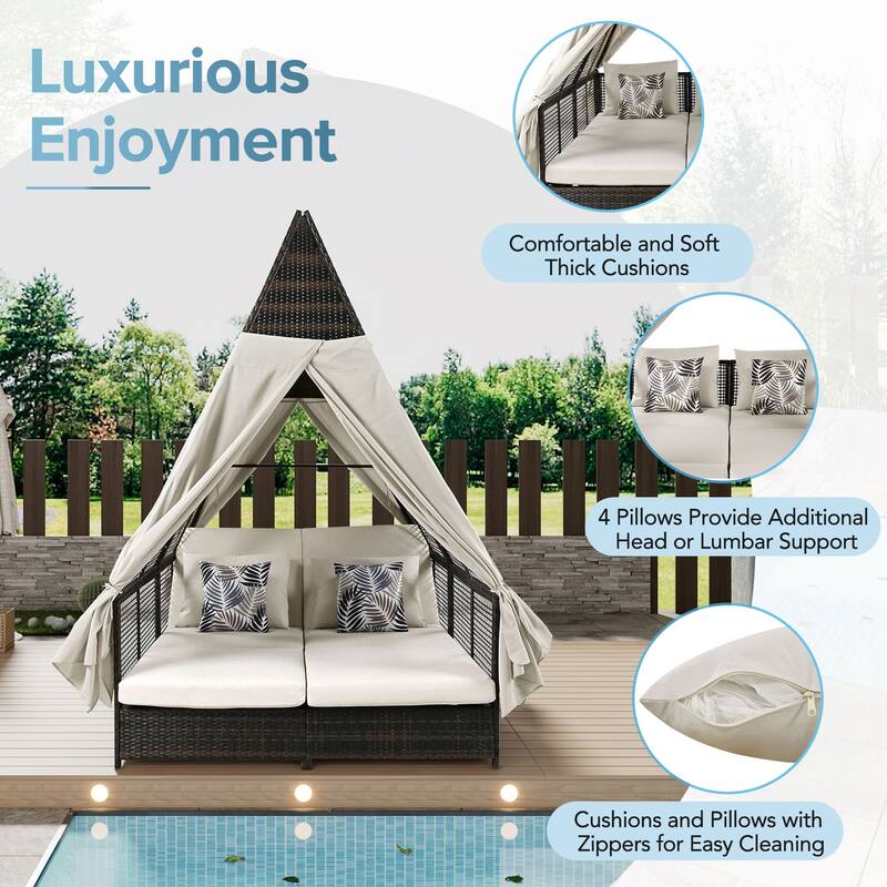 Patio Lounge Bed with Adjustable Backrest with Curtains, 4 Pillows