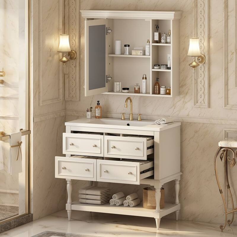35'' Wall Mounted Bathroom Mirror Cabinet with Adjustable Shelves and Open Storage