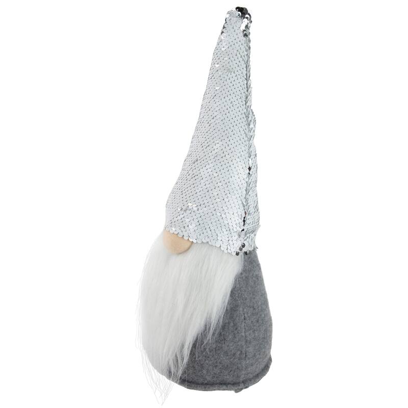 Standing Christmas Gnome with Flip Sequin Hat - 14" - Silver and Gray