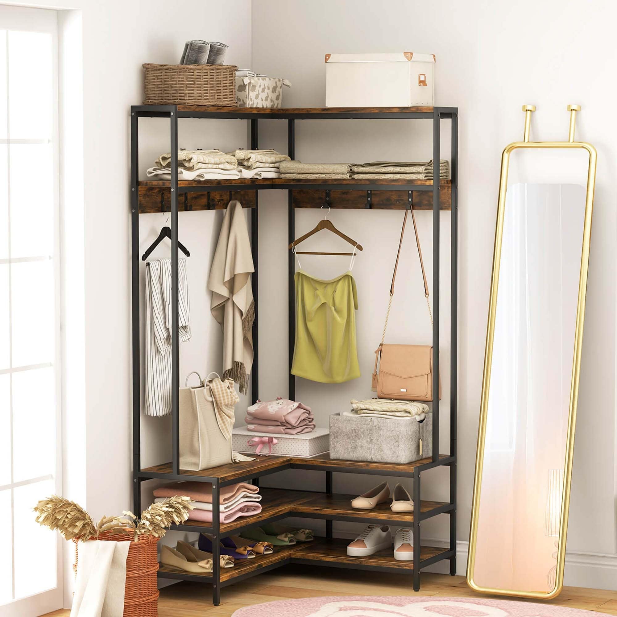 L-shaped Clothes Corner Garment Rack with Open Shelves and 7 Hooks-Walnut
