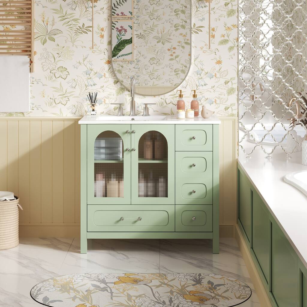 Bathroom Cabinet with Waffle Texture Doors And Glass Doors ,Bathroom Vanity with Four Drawers and Two Soft-Closing Doors