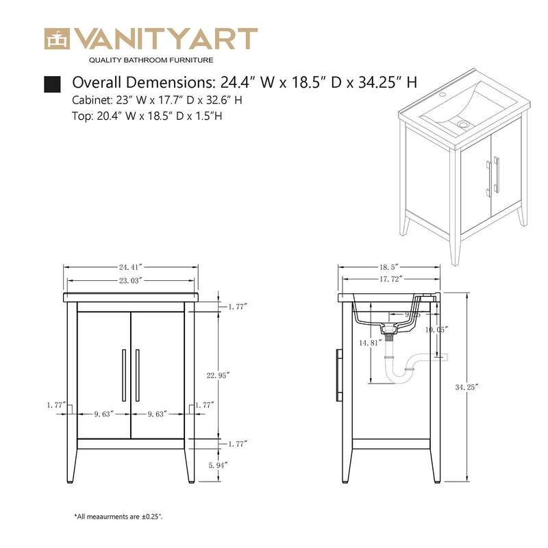 Vanity Art 20" or 24" or 30" Single Sink Bathroom Vanity Cabinet with Ceramic Top