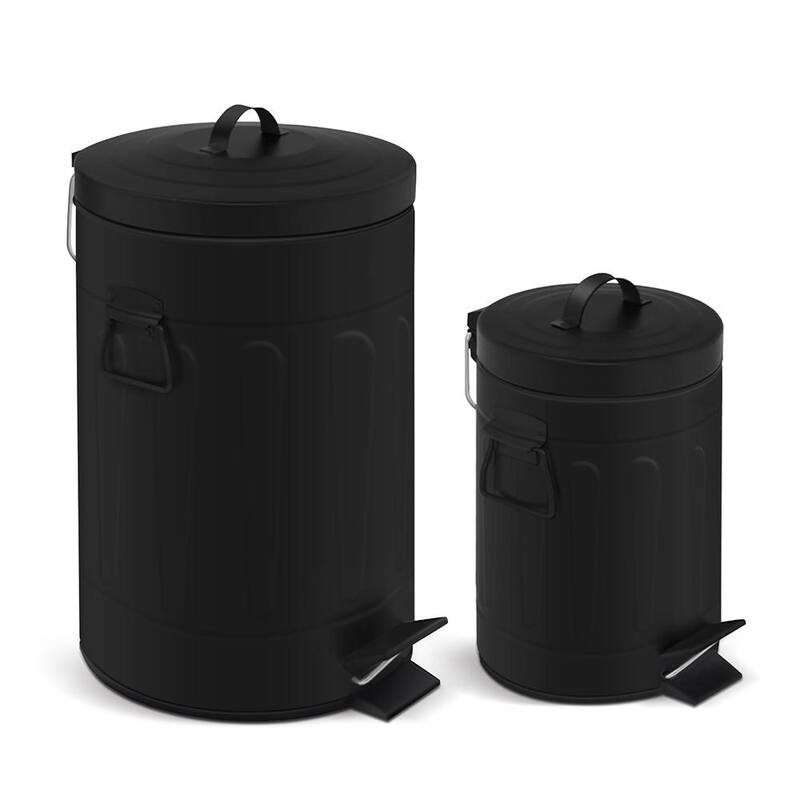 Innovaze 3.2 Gal./12-Liter and 0.8 Gal./3 Liter Old Time Style Round White Metal Step-on Trash Can Set - Black