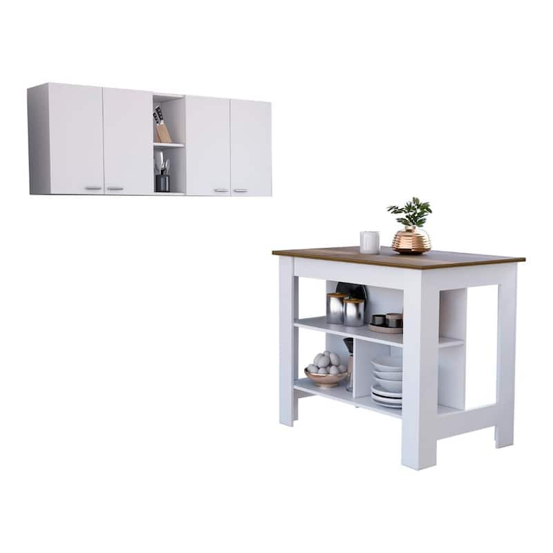 Sierra 7-Shelf 4-Door 2-piece Kitchen Set, Upper Wall Cabinet and Kitchen Island White and Light Oak - Cream